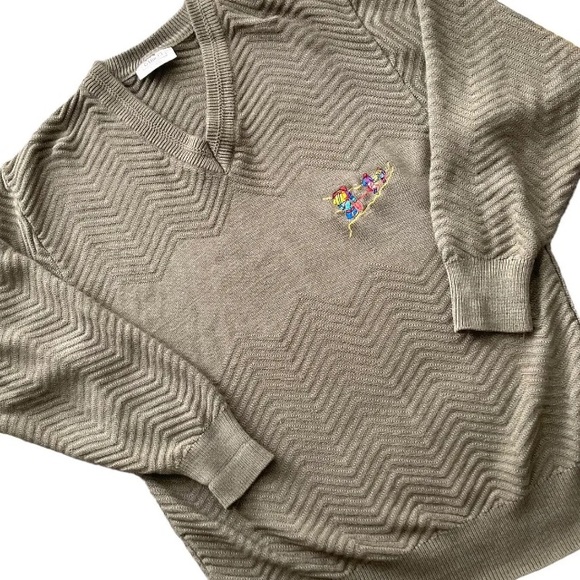 Vintage Gabicci Mens Wool Mix Jumper Taupe M Mountaineering Motif Pullover Retro - Picture 6 of 8